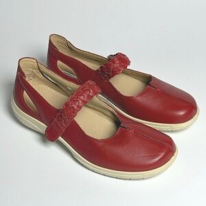 Hotter Womens 8 Mary Jane Braided Strap Flats Shoes Shake Red Leather Comfort
